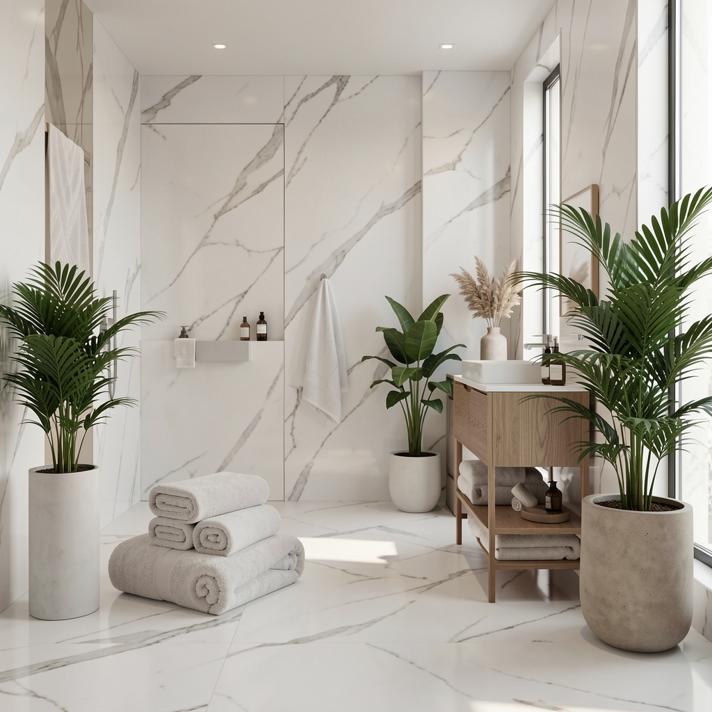 Modern spa tarzı banyo dekorasyonu, beyaz mermer zemin, katlı havlular ve dekoratif bitkiler