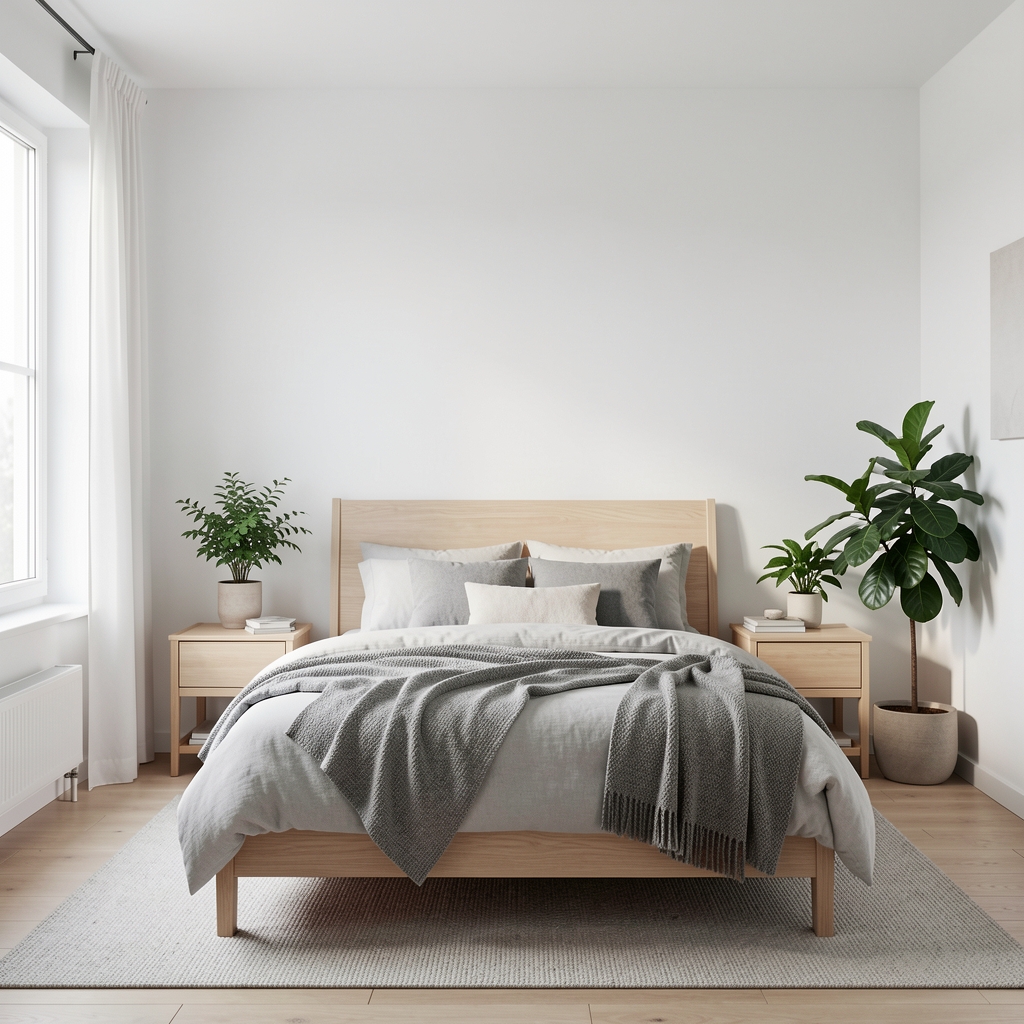 Minimalist İskandinav tarzı yatak odası dekorasyonu, açık ahşap mobilya, beyaz ve gri tonlar, yeşil bitkiler