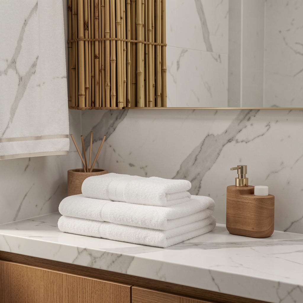 Modern banyo dekorasyonu, beyaz havlu seti, bambu paspas, mermer yüzey ve ahşap aksesuar düzenlemesi