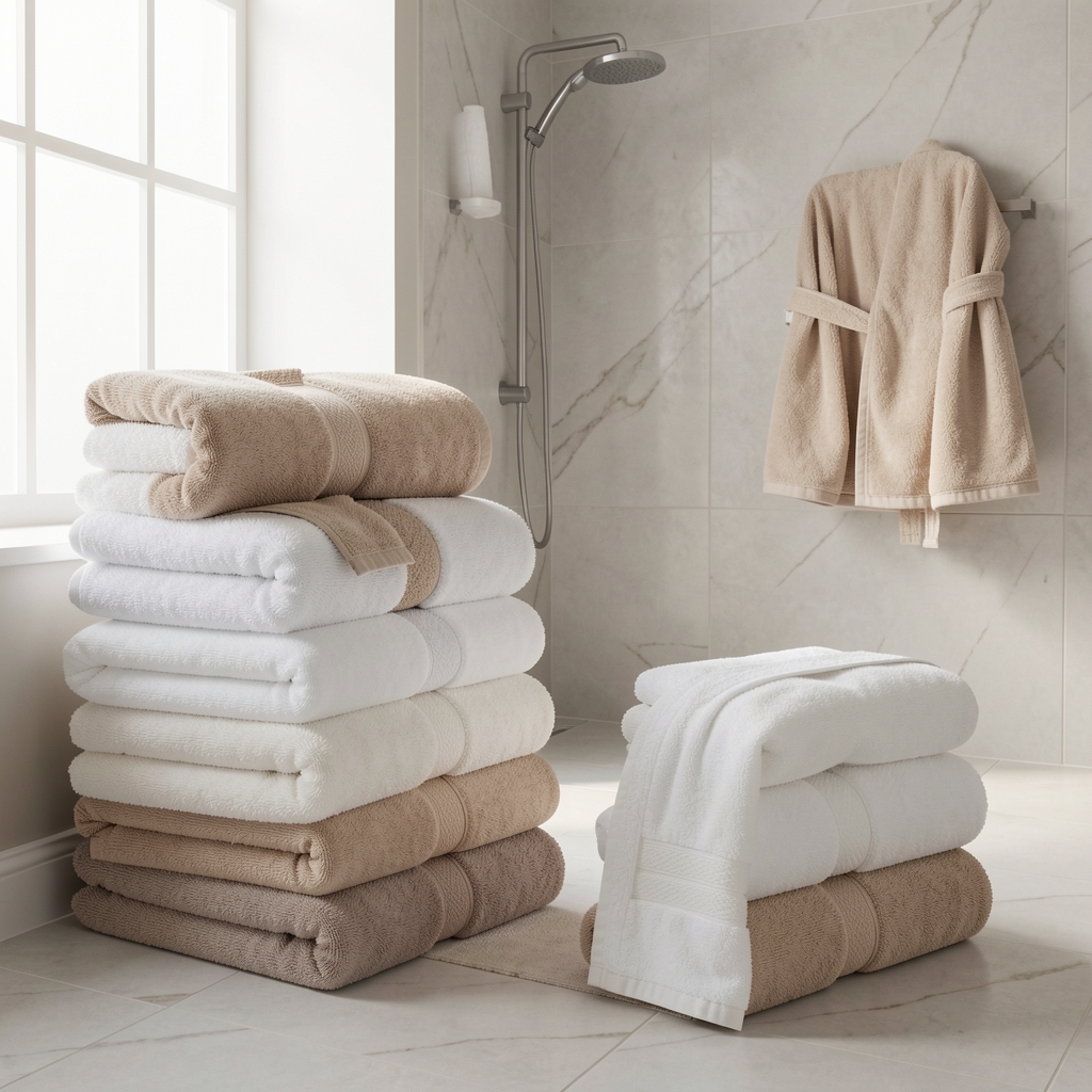 Komple banyo tekstil seti, eşleşen havlu, paspas ve bornoz, beyaz ve açık kahve renk kombinasyonu