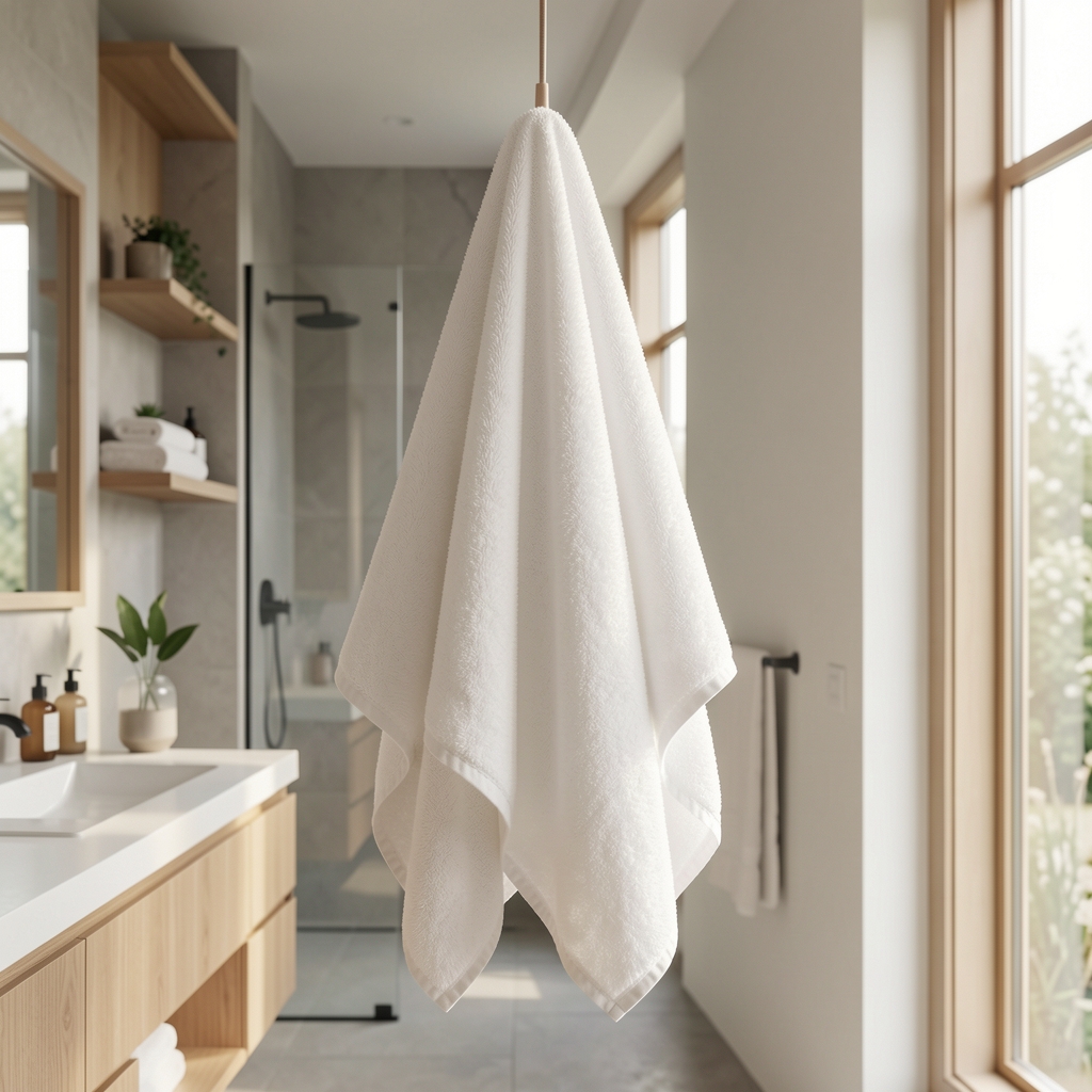 Yumuşak beyaz pamuk terry bornoz, ahşap askıda asılı, modern banyo dekorasyonu, doğal ışık