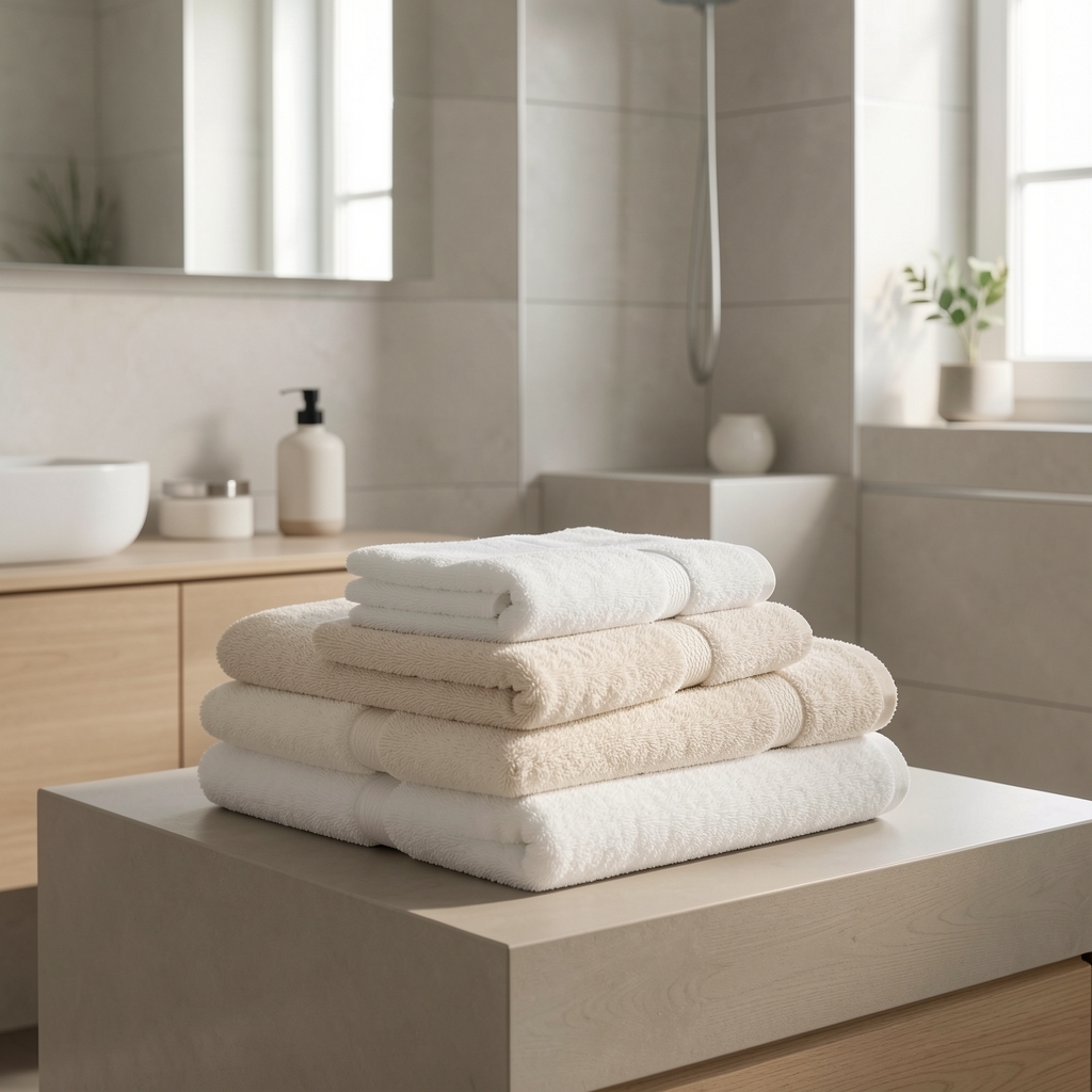 Banyo rafında katlanmış beyaz ve krem pamuklu havlular, modern minimalist banyo dekorasyonu, yumuşak doğal ışık