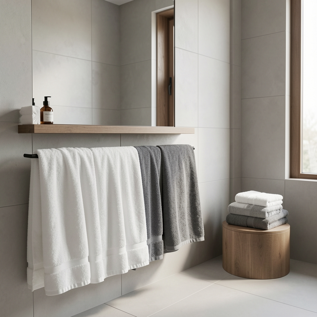 Banyo rafında düzenli dizilmiş beyaz ve gri renkli pamuklu havlular, modern minimalist banyo dekorasyonu