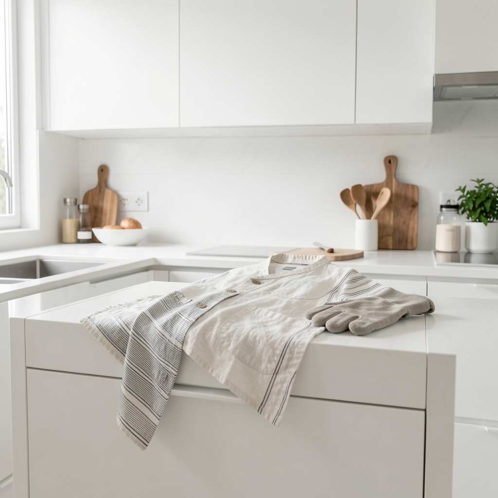 Modern beyaz mutfakta keten önlük, çizgili mutfak havlusu ve fırın eldiveni, minimalist mutfak dekorasyonu