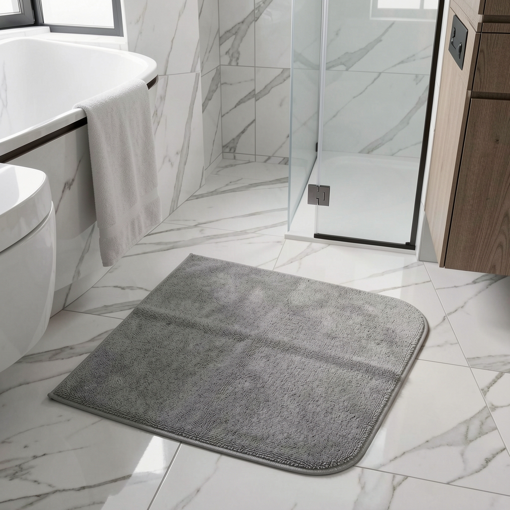 Modern banyo zemininde kaymaz tabanlı açık gri mikrofiber paspas, mermer fayans zeminli banyo