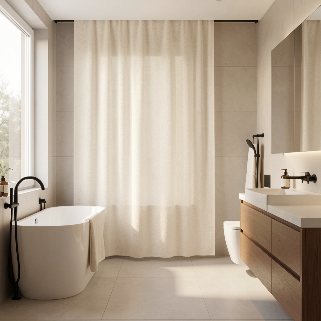 Beyaz ve krem renk banyo paspası, yumuşak dokulu mikrofiber, modern banyo ortamında