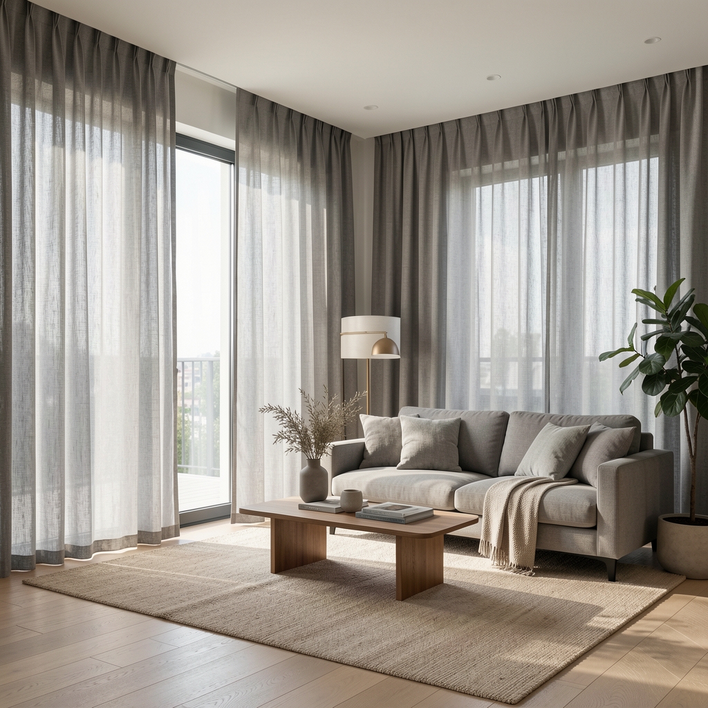 Geniş pencereli aydınlık oturma odasında açık gri keten perdeler, doğal gün ışığı filtresi, minimalist dekorasyon