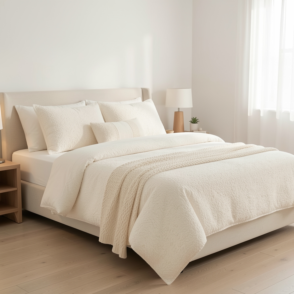 Beyaz ve krem renkli pamuklu pike takımı, çift kişilik yatak üzerinde düzenlenmiş, aydınlık minimalist yatak odası