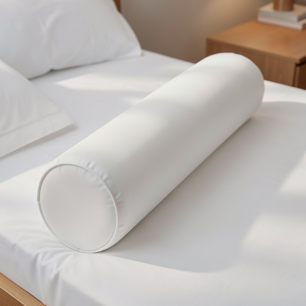 Uzun silindir yaş yastığı, beyaz kılıflı, ergonomik uyku desteği, yatak kenarında sergilenmiş