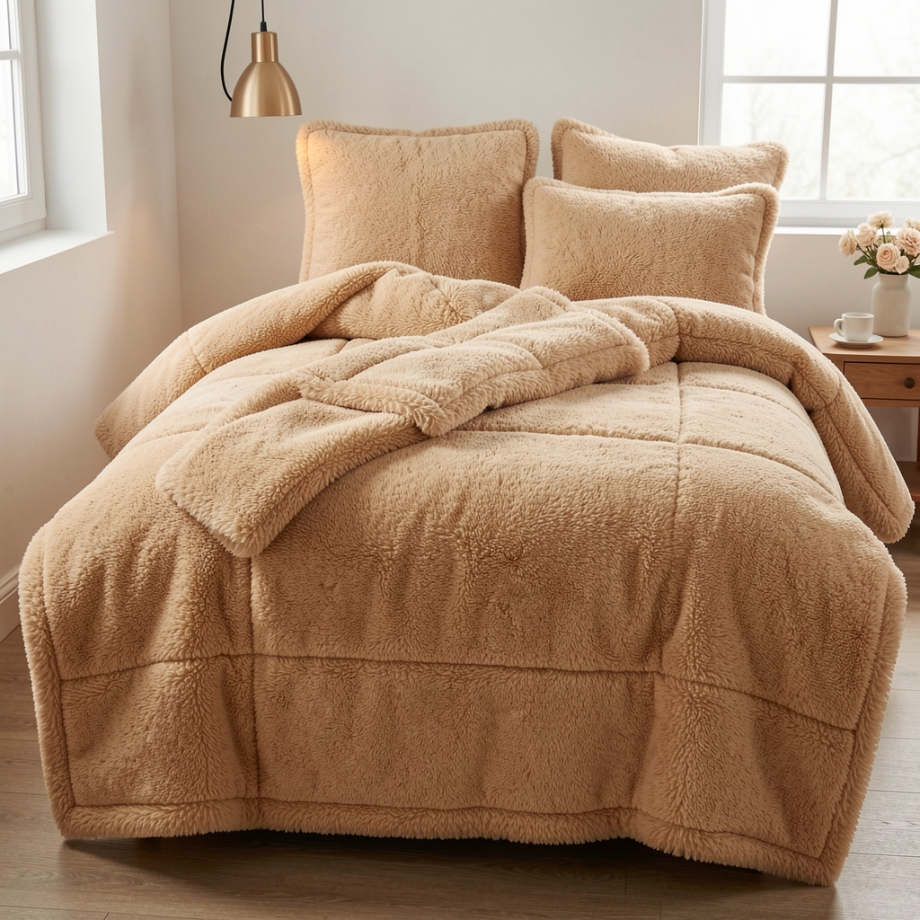 Krem rengi sherpa polar battaniye, çift kişilik 200x220 cm, kadifemsi doku, kış modeli