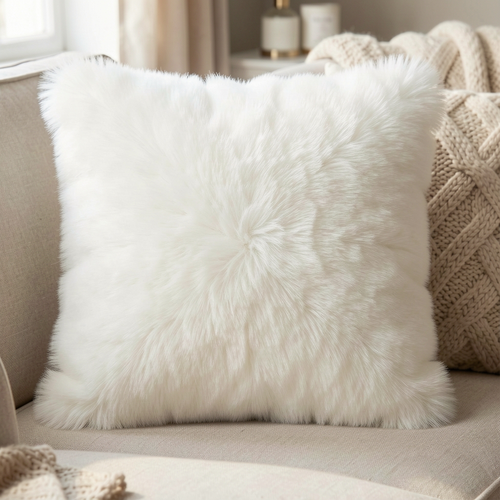 Faux fur taklit kürk beyaz dekoratif yastık, 50x50 cm, kış sezonu kanepe dekorasyonu