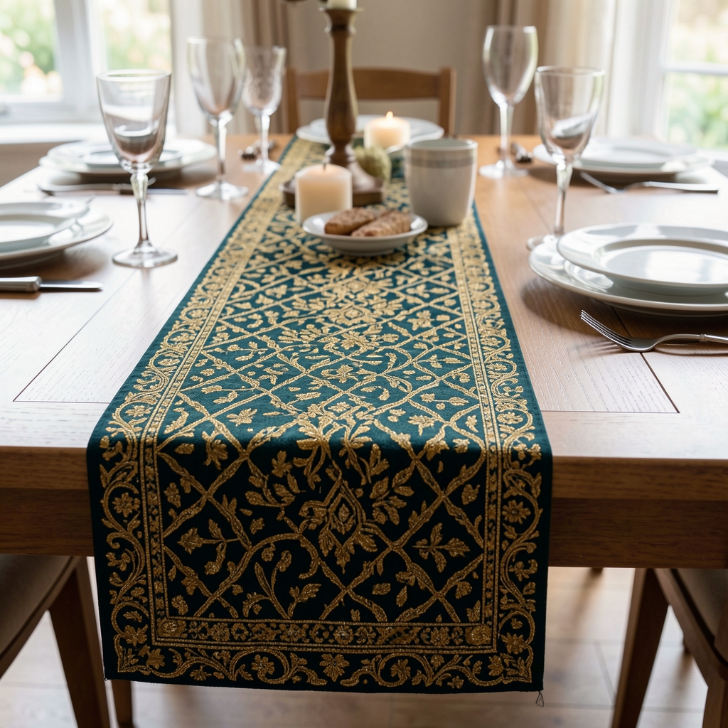 Jakarlı desenli masa runner, lacivert ve altın rengi desen, 40x180 cm, yemek masası süslemesi