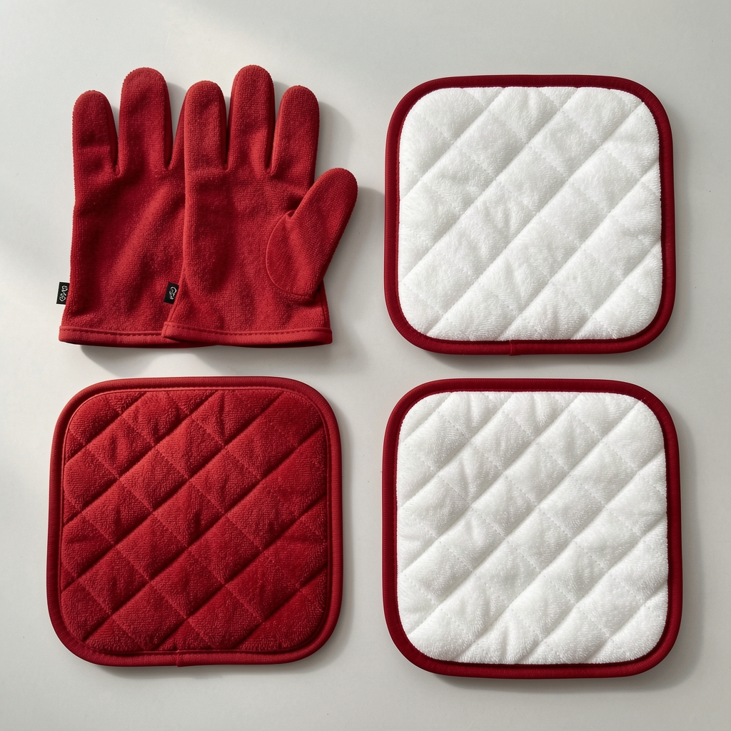 4 parça mutfak seti, 2 fırın eldiveni ve 2 pot holder, ekoseli pamuk, kırmızı ve beyaz renk