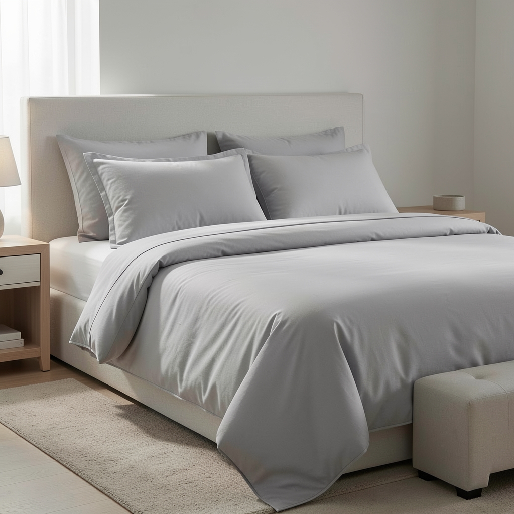 Saten nevresim takımı çift kişilik 200x220 cm açık gri LuxSoft marka 300 iplik sıklığı, yatak üzerinde düzenli kurulmuş hali