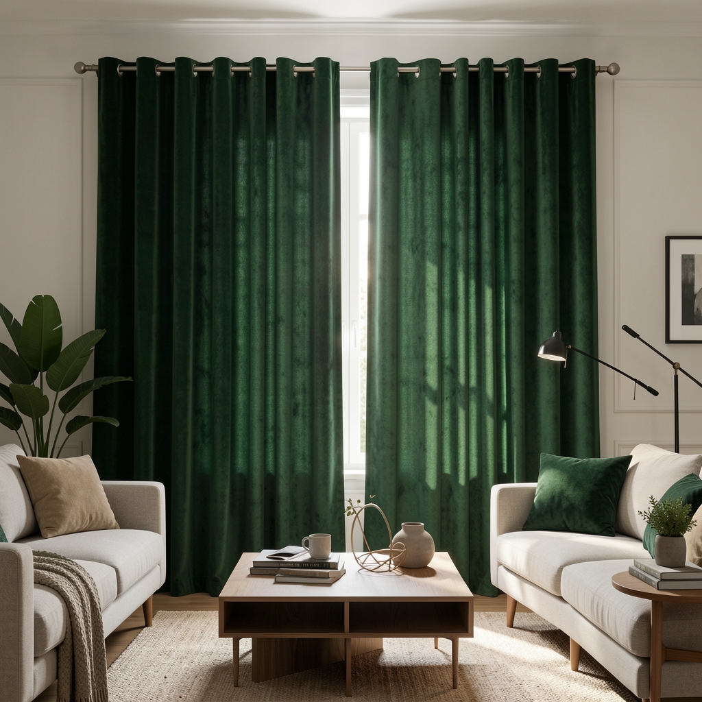Karışık kadife çift kanat perde, koyu yeşil, 280x260 cm, grommet askılı, salon dekorasyonu
